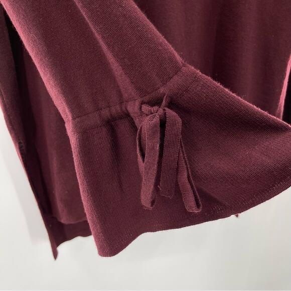 J. Crew Burgundy Wine Merino Wool V-Neck Sweater Ruffle Sleeve Size S - Picture 2 of 6